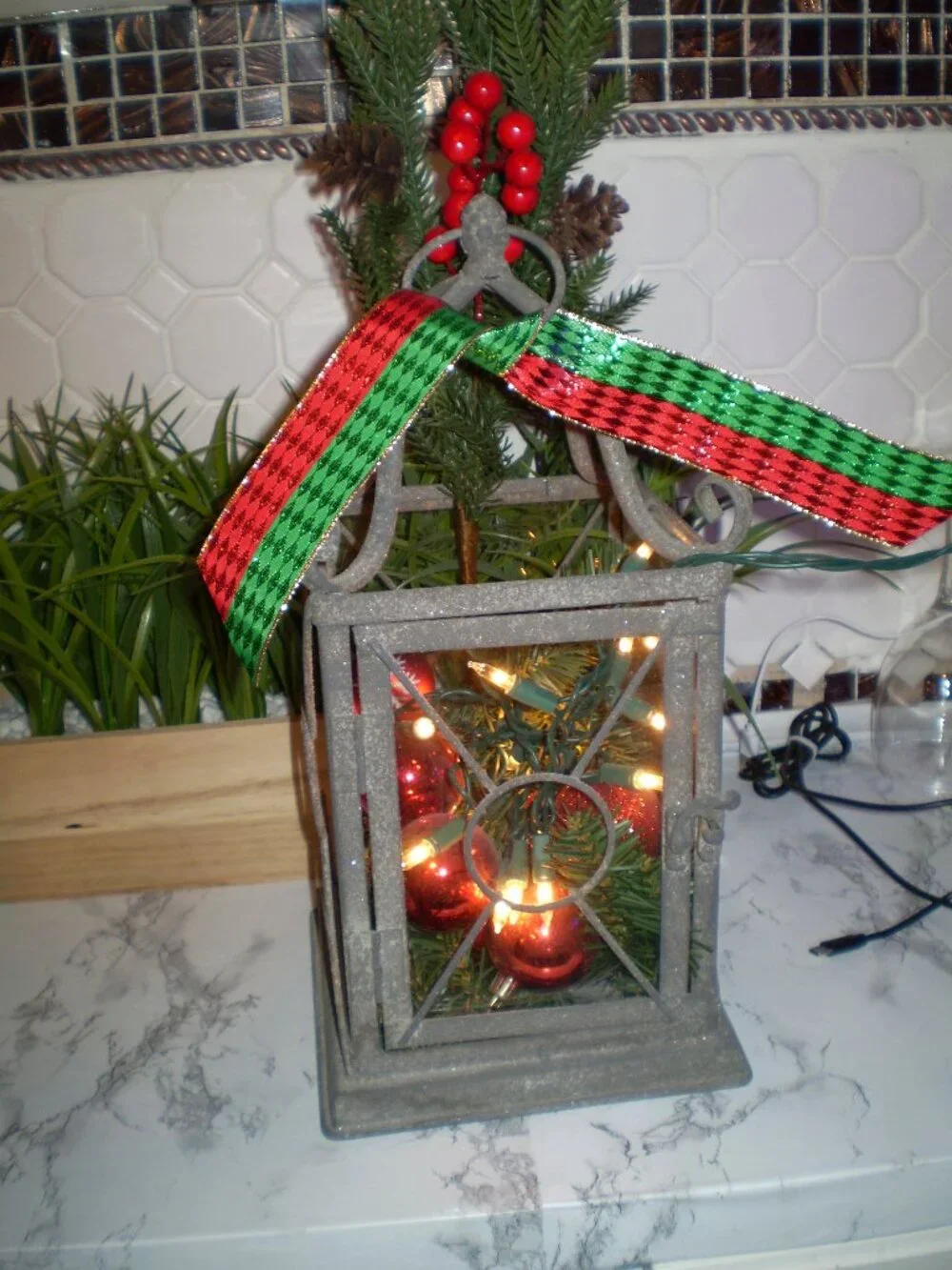 VINTAGE METAL AND GLASS CHRISTMAS DECOR LANTERN